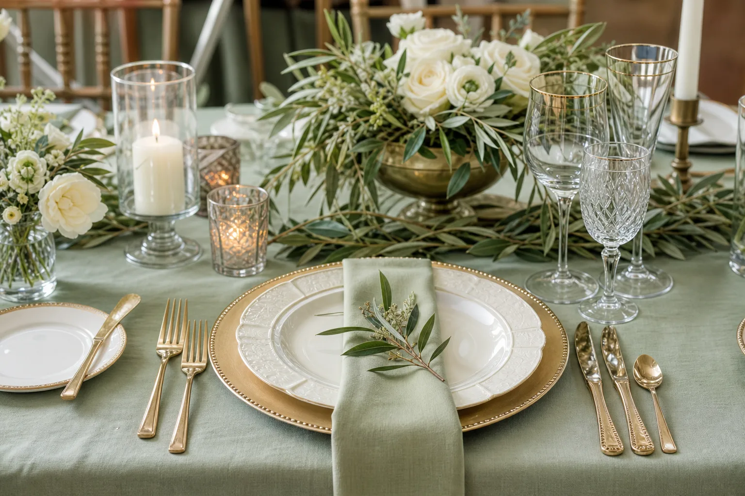 20 Sage Green Wedding Table Setting Ideas With Cream and Gold