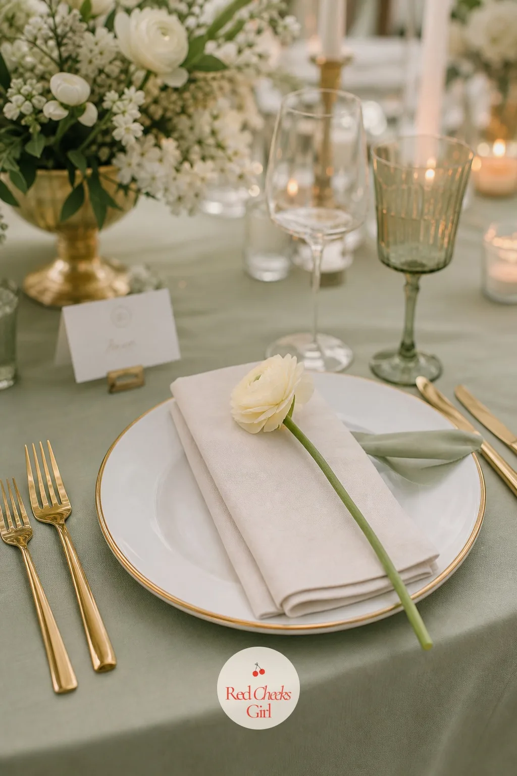 Single Ranunculus Stem Across the Napkin — A ranunculus packs more petals into one bloom than almost any other wedding flower, which is exactly why one stem is
