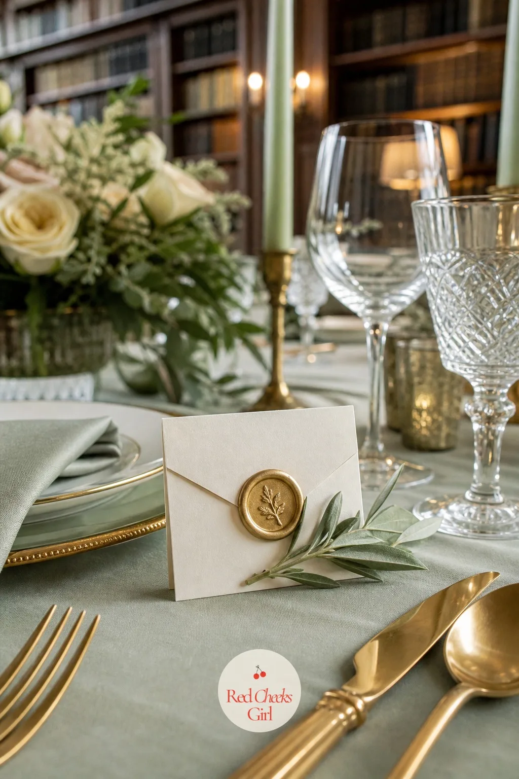 Wax-Sealed Place Card in Sage and Gold — A wax seal looks like it took far longer than it did, which is exactly the kind of detail worth faking. Sage green