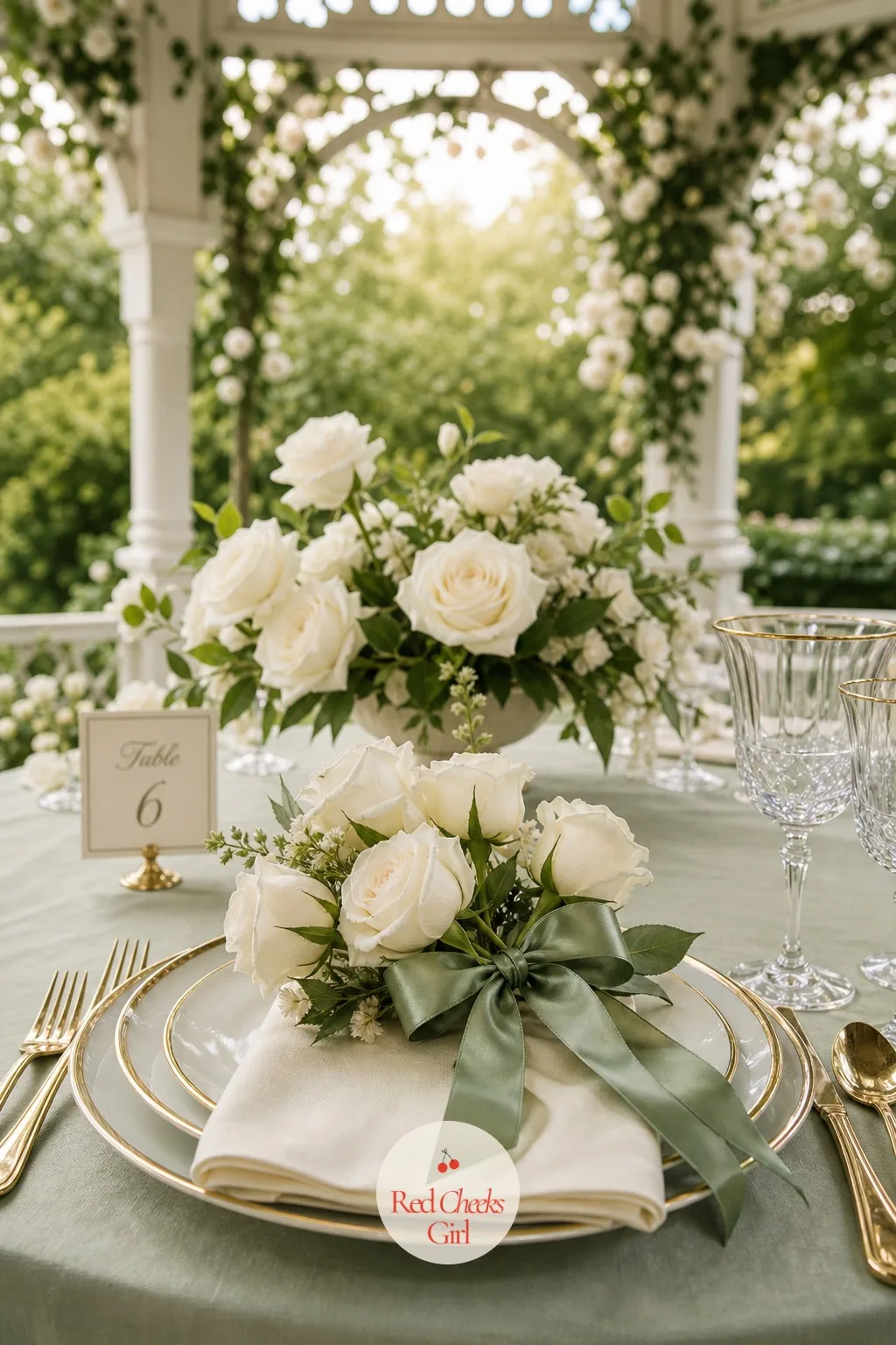 White Roses With Sage Ribbon — Roses on a plate can tip into twee fast; the sage ribbon is what keeps this one from getting there. Sage green wedding table