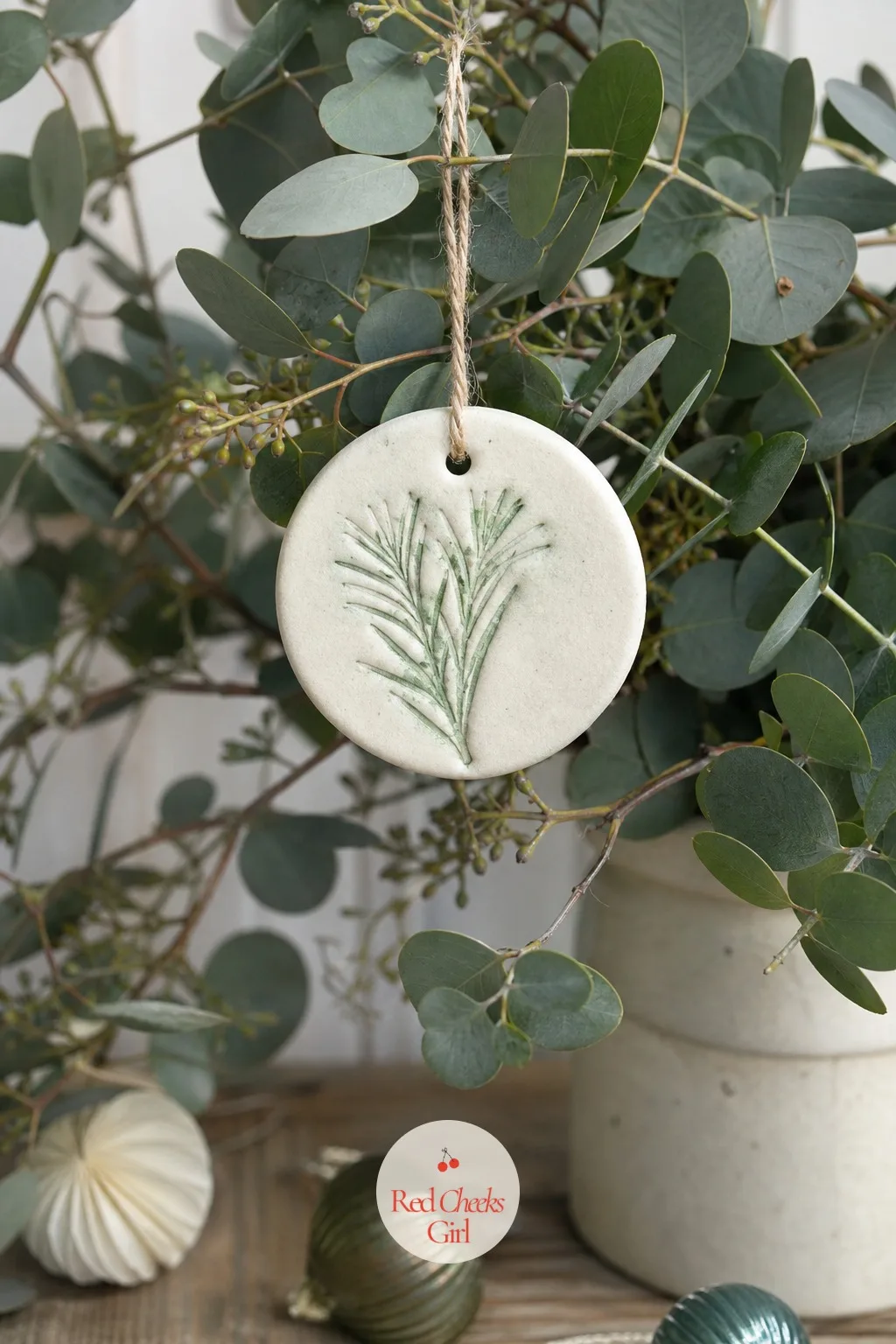 Botanical Pressed Ornaments — Press a small sprig of fresh rosemary or a sprig of thyme into soft dough, bake it carefully at a low temperature, then lift it