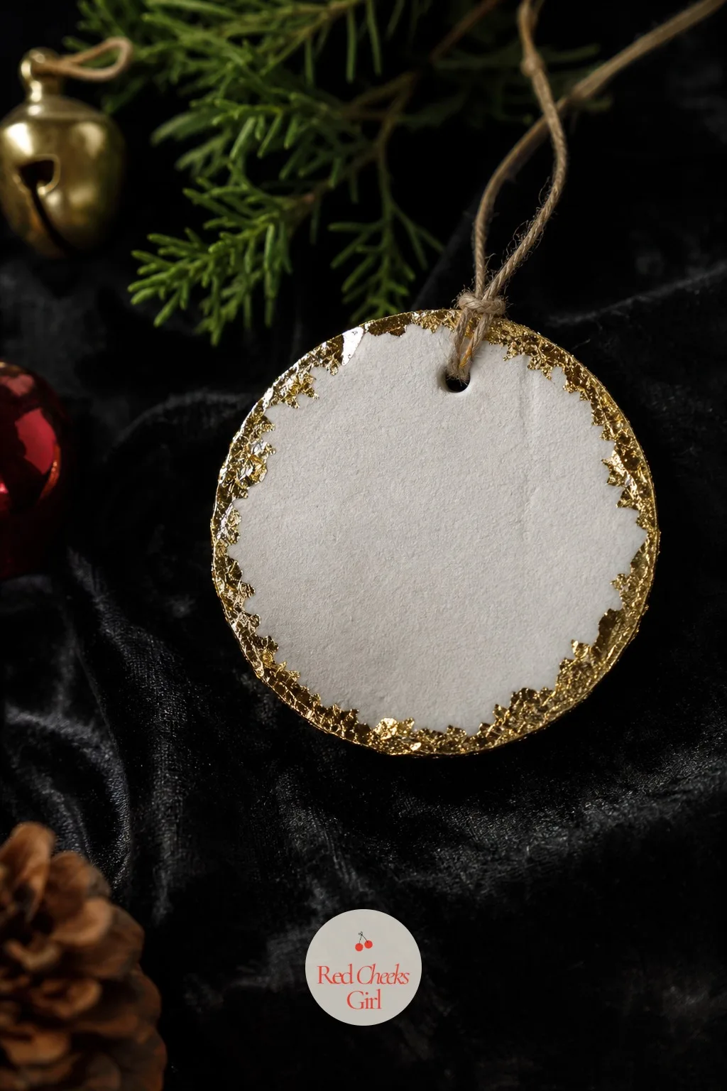 Gold-Leafed Edge Ornaments — Paint the whole disc matte white, then run craft glue only around the outer rim and press on gold leaf once tacky. Salt dough
