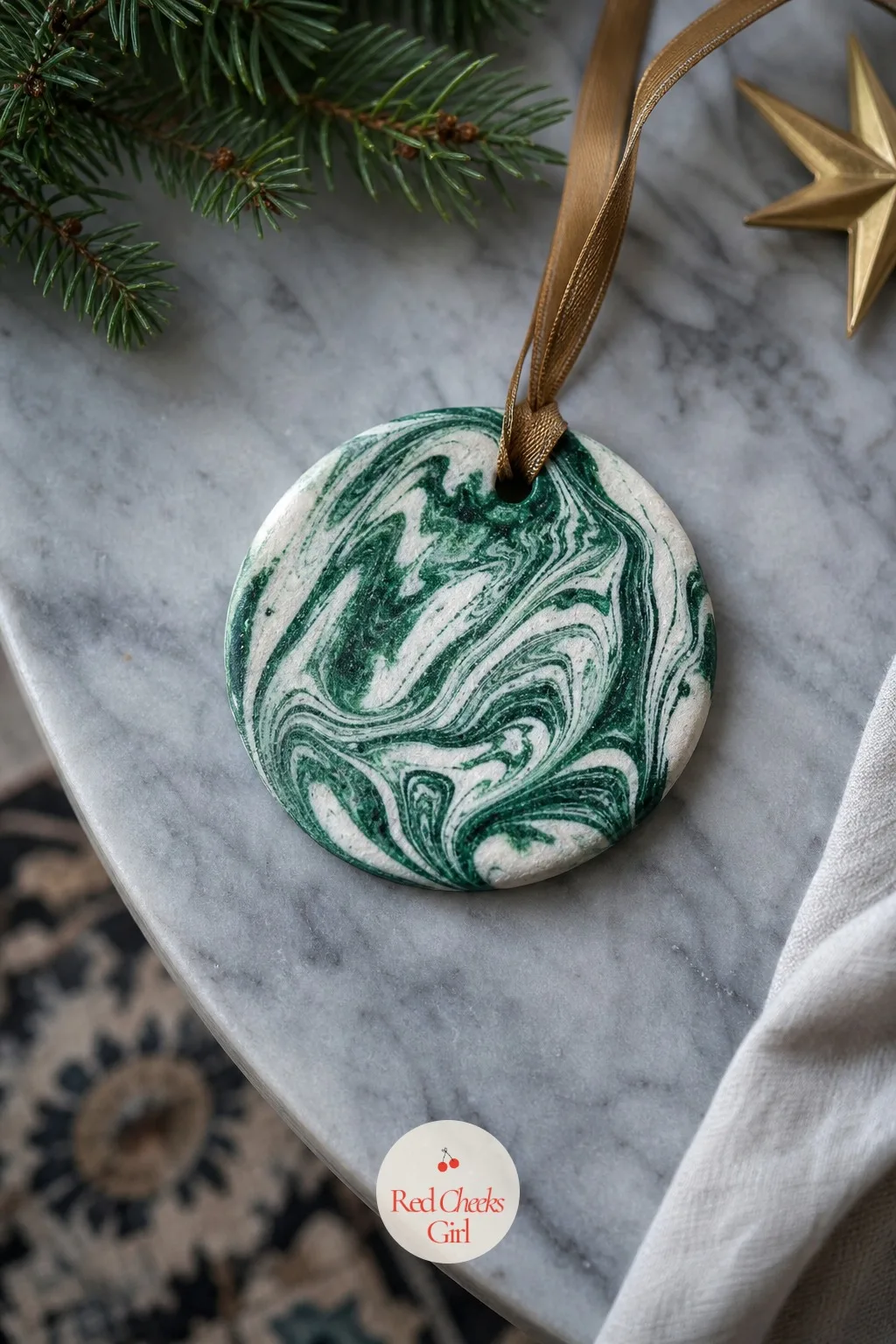 Marbled Dough Ornaments — Knead a few drops of green gel food coloring only partway into the dough before rolling, so streaks of emerald and white swirl