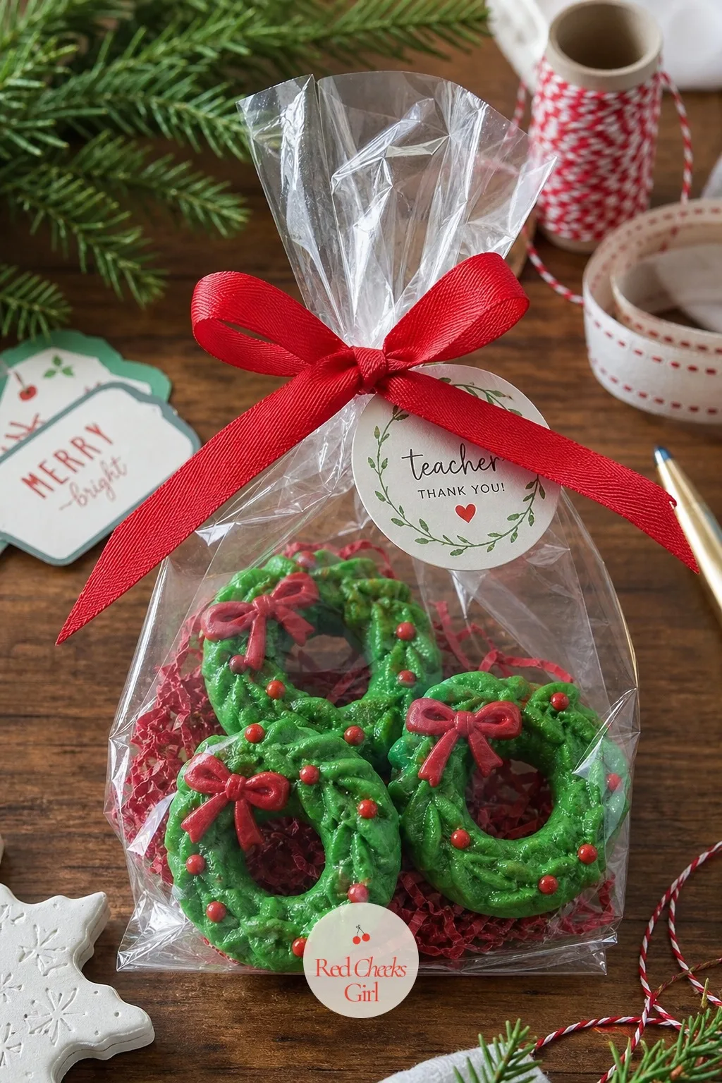 Mini Wreath Teacher Gift Set — Three small wreath-shaped ornaments, painted and bagged together with a ribbon, cost less than a candle and mean more to a