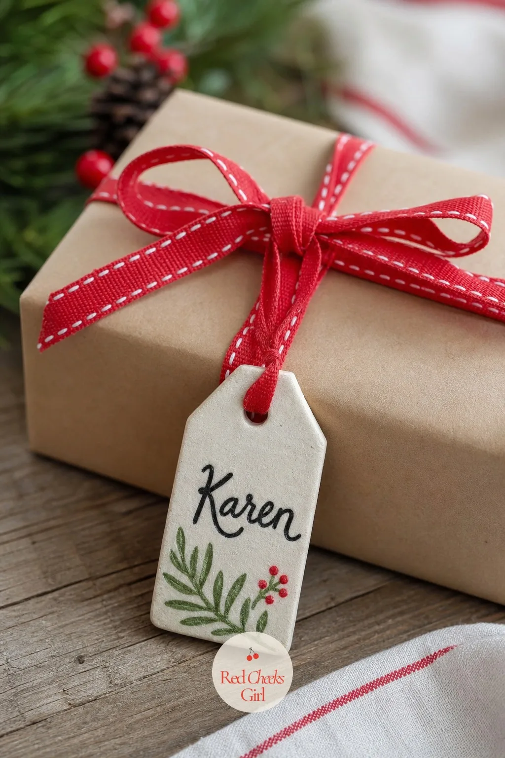 Name-Tag Gift Ornaments — Cut a simple tag shape with a hole punched at the top, paint a guest's name in black script across the front, and it works as a place