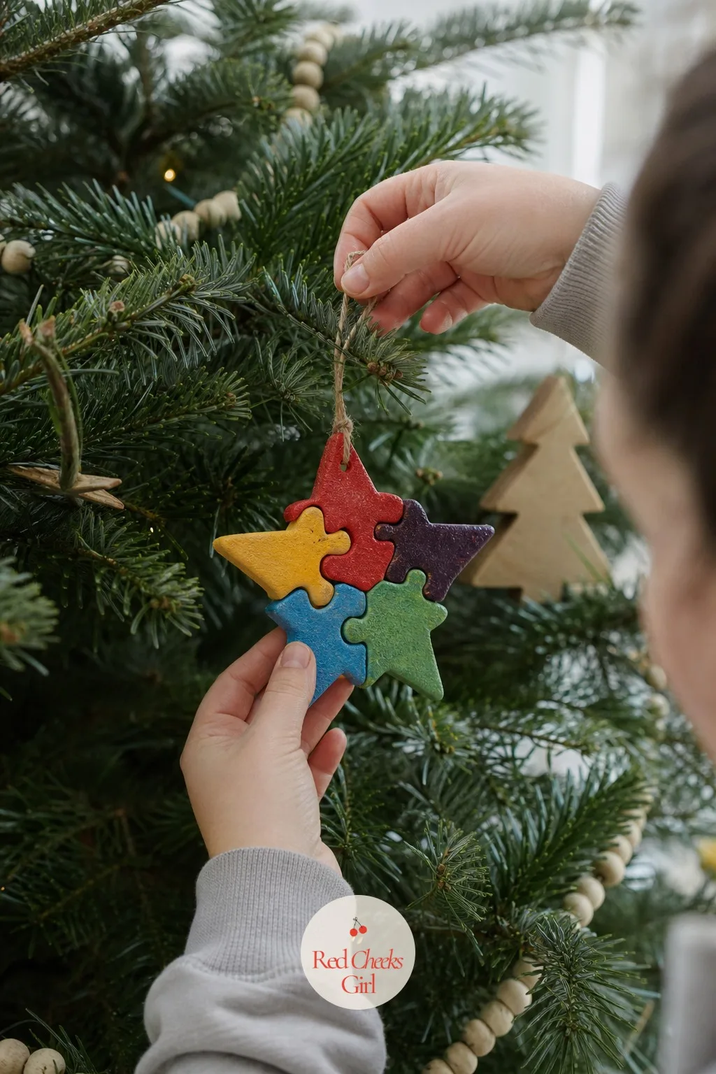 Puzzle-Piece Family Ornament — Cut one large star or heart shape, then cut it again into as many pieces as there are people in the house, so each person paints