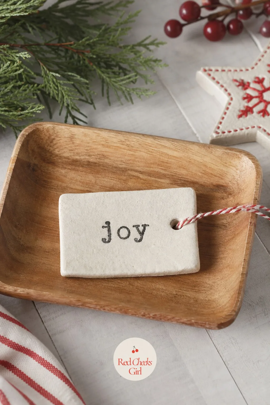 Stamped Word Ornaments — Alphabet stamps meant for polymer clay press just as cleanly into salt dough while it is still soft, spelling out a single word like