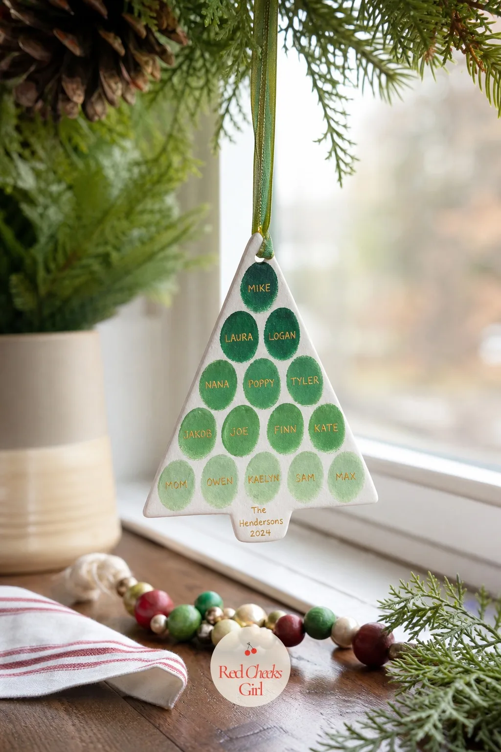 Thumbprint Growth Tree — Instead of one print, this one stacks a thumbprint from every person in the house into the rough shape of a triangle, so the ornament