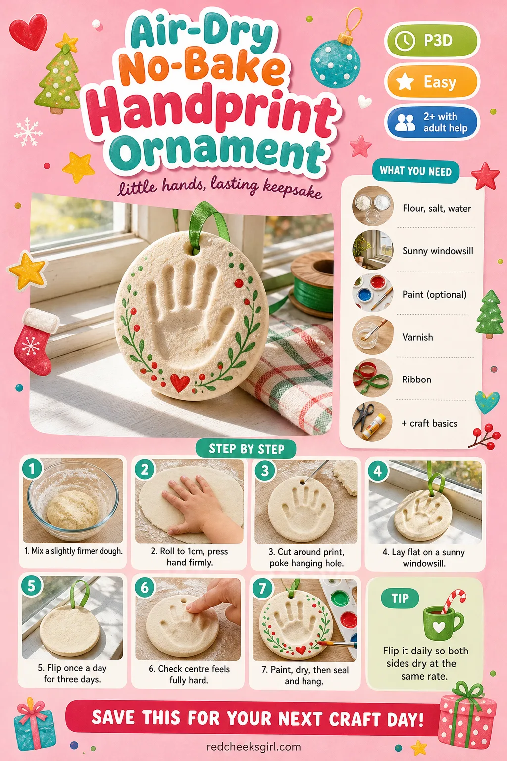 Air-Dry No-Bake Handprint Ornament Craft Card printable sheet — Active 20 min, total 3 days drying, ages 2+. Salt dough handprint ornaments