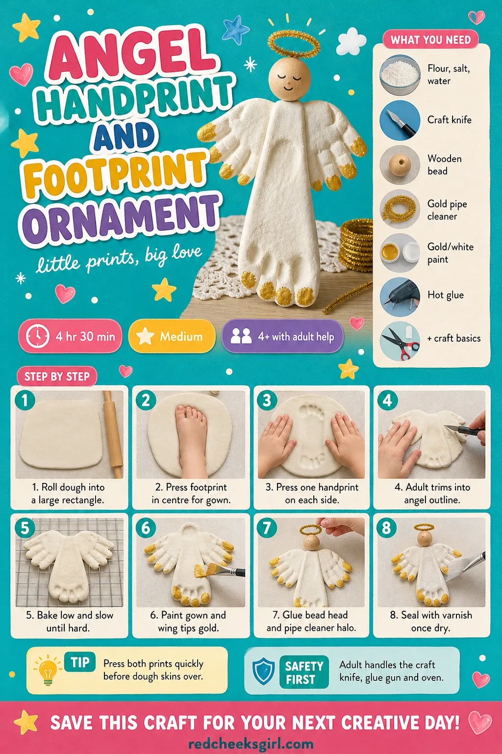 Angel Handprint and Footprint Ornament Craft Card printable sheet — Active 40 min, total 4h30, ages 4+. Salt dough handprint ornaments