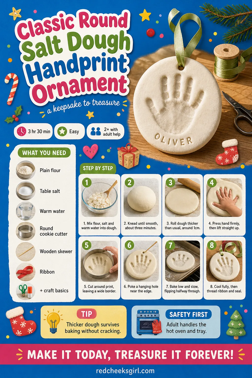 Classic Round Salt Dough Handprint Ornament Craft Card printable sheet — Active 20 min, total 3h30, ages 2+. Salt dough handprint ornaments