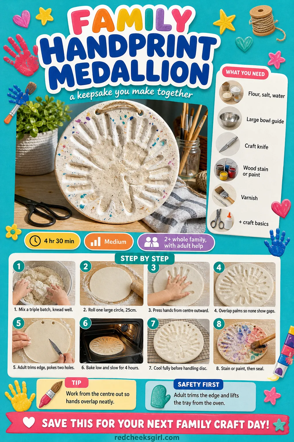 Family Handprint Medallion Craft Card printable sheet — Active 50 min, total 4h30, ages 2+. Salt dough handprint ornaments