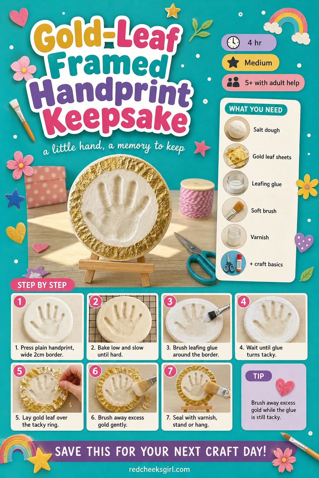 Gold-Leaf Framed Handprint Keepsake Craft Card printable sheet — Active 30 min, total 4h, ages 5+. Salt dough handprint ornaments