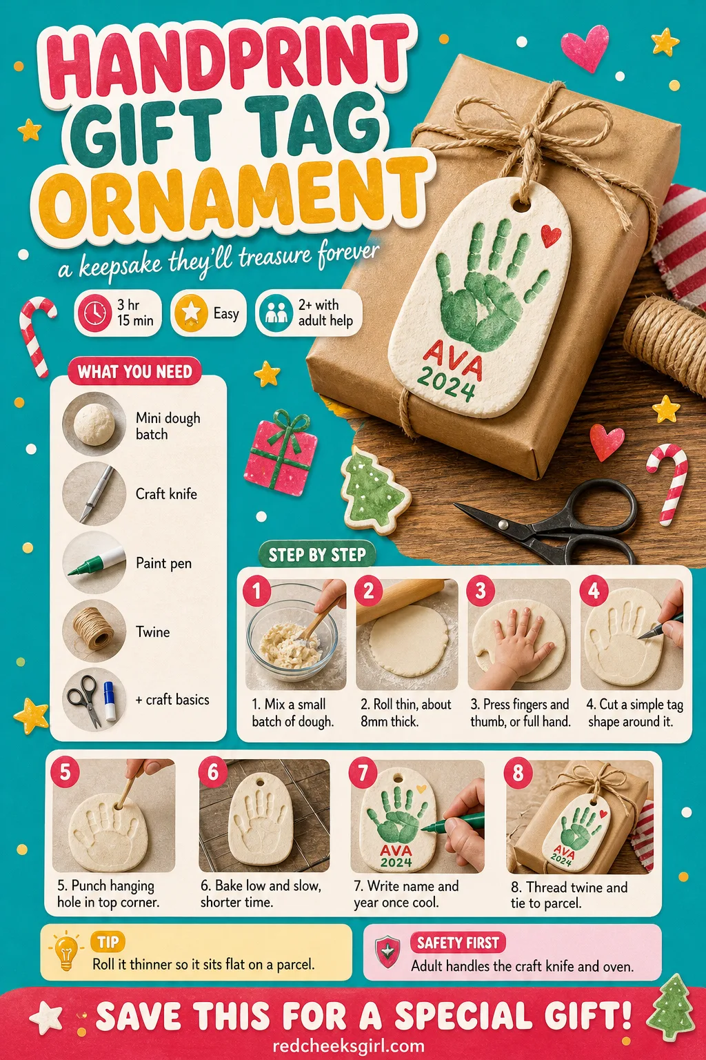 Handprint Gift Tag Ornament Craft Card printable sheet — Active 20 min, total 3h15, ages 2+. Salt dough handprint ornaments