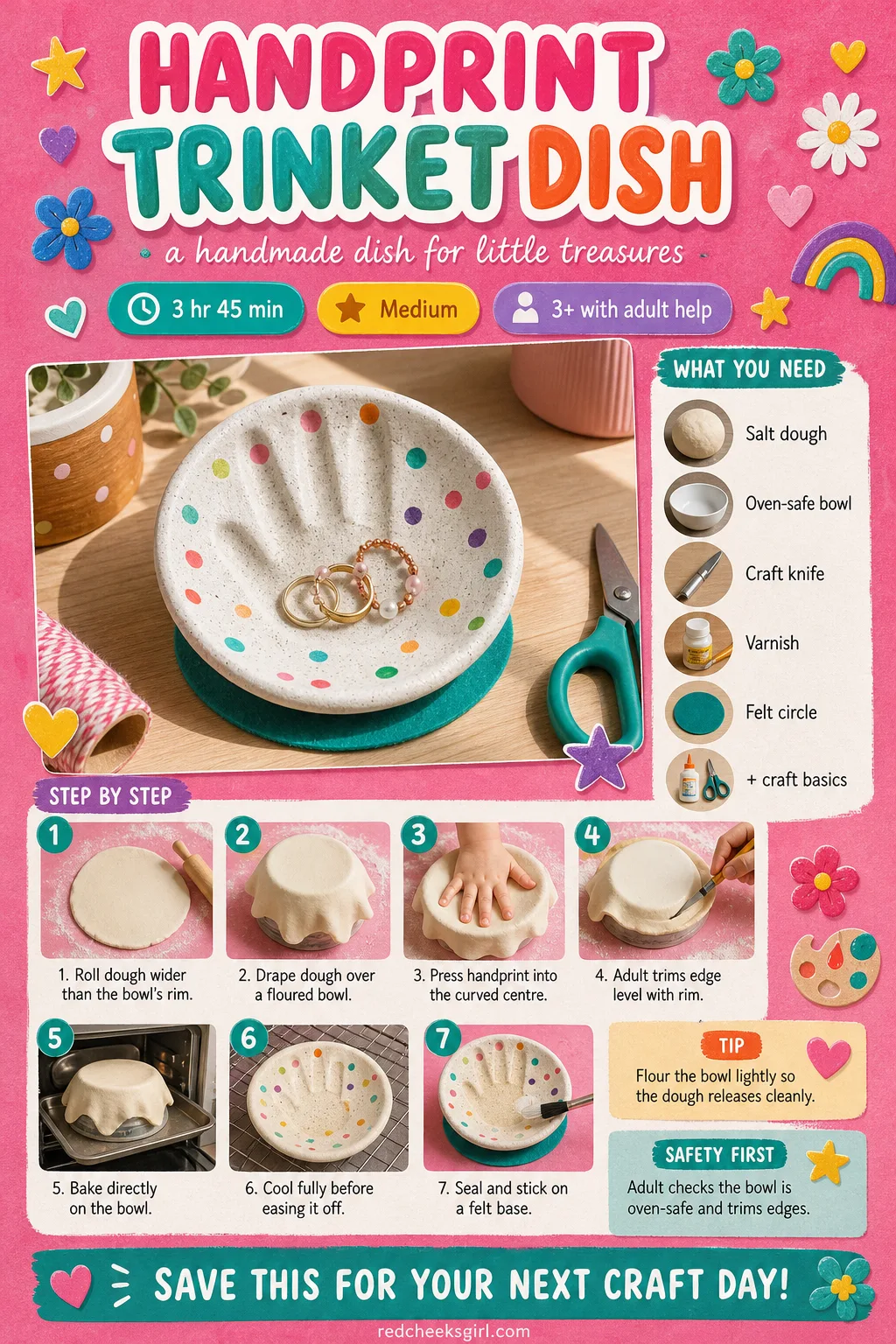 Handprint Trinket Dish Craft Card printable sheet — Active 25 min, total 3h45, ages 3+. Salt dough handprint ornaments