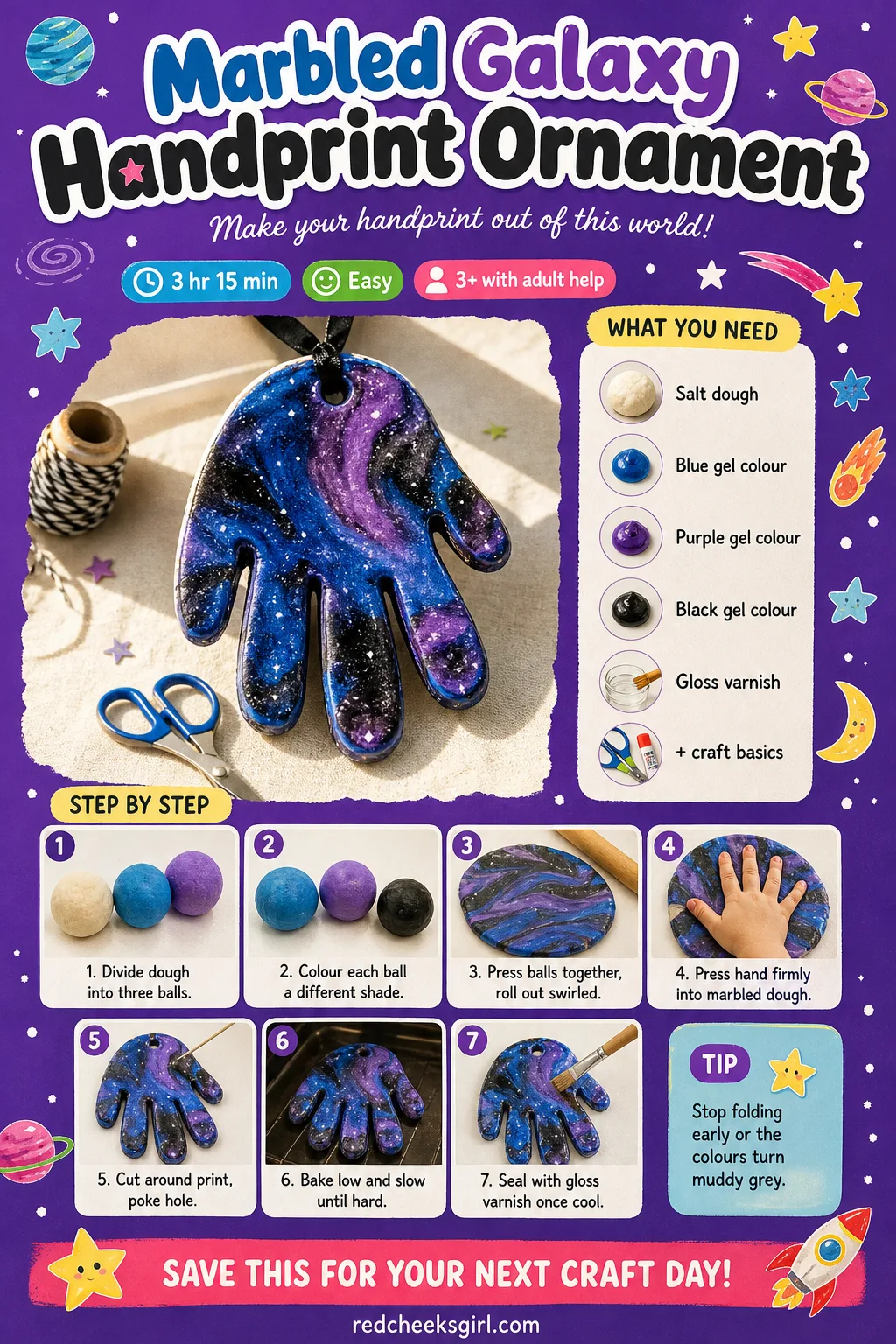 Marbled Galaxy Handprint Ornament Craft Card printable sheet — Active 15 min, total 3h15, ages 3+. Salt dough handprint ornaments