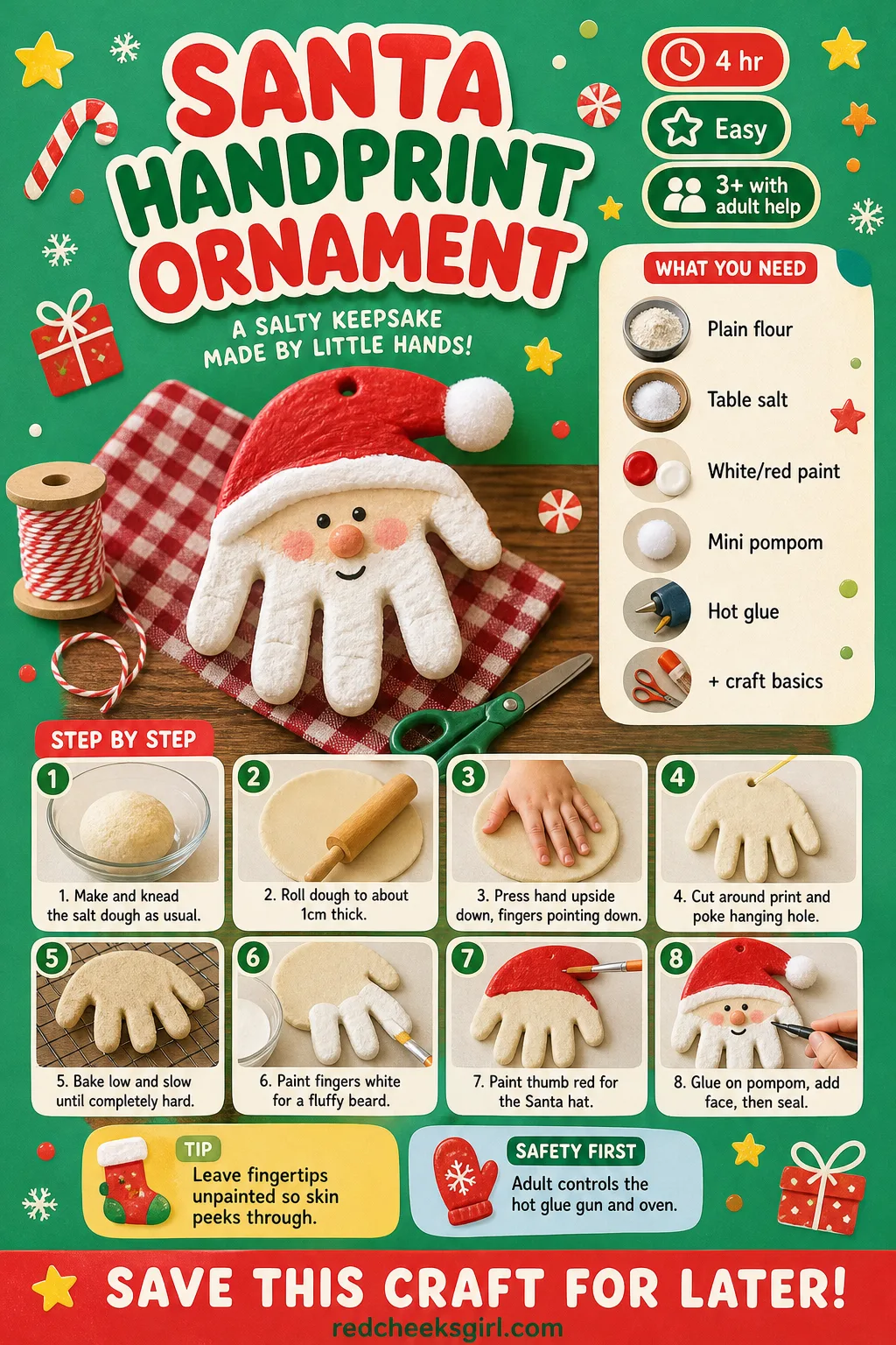 Santa Handprint Ornament Craft Card printable sheet — Active 35 min, total 4h, ages 3+. Salt dough handprint ornaments