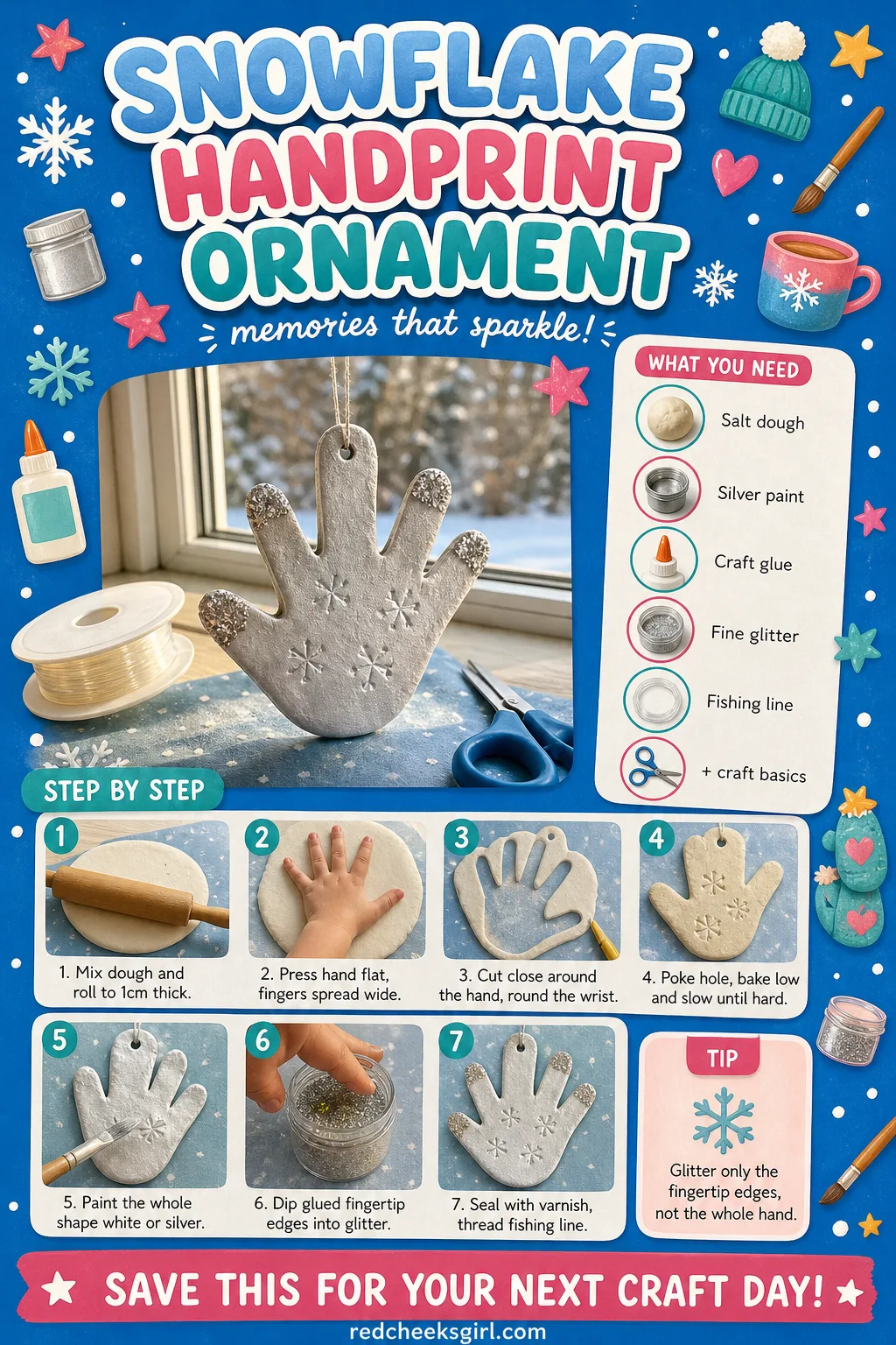 Snowflake Handprint Ornament Craft Card printable sheet — Active 25 min, total 3h45, ages 3+. Salt dough handprint ornaments