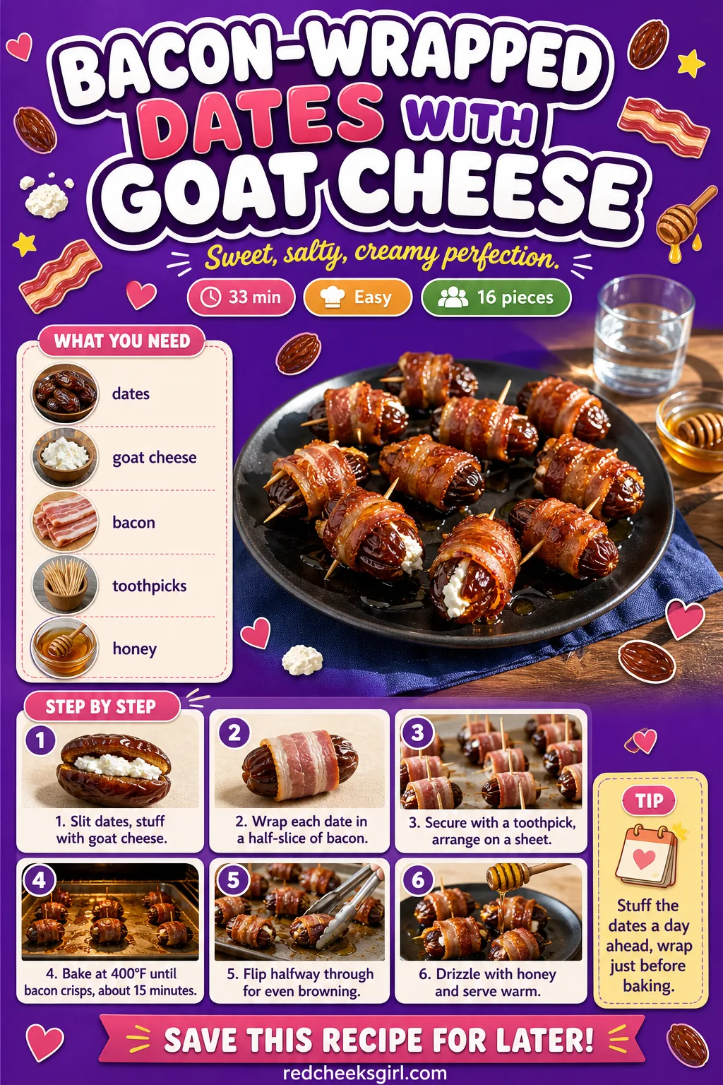 Bacon-Wrapped Dates with Goat Cheese Recipe Card printable sheet — The one that vanishes first, so keep the card handy for seconds. Savory valentines day food