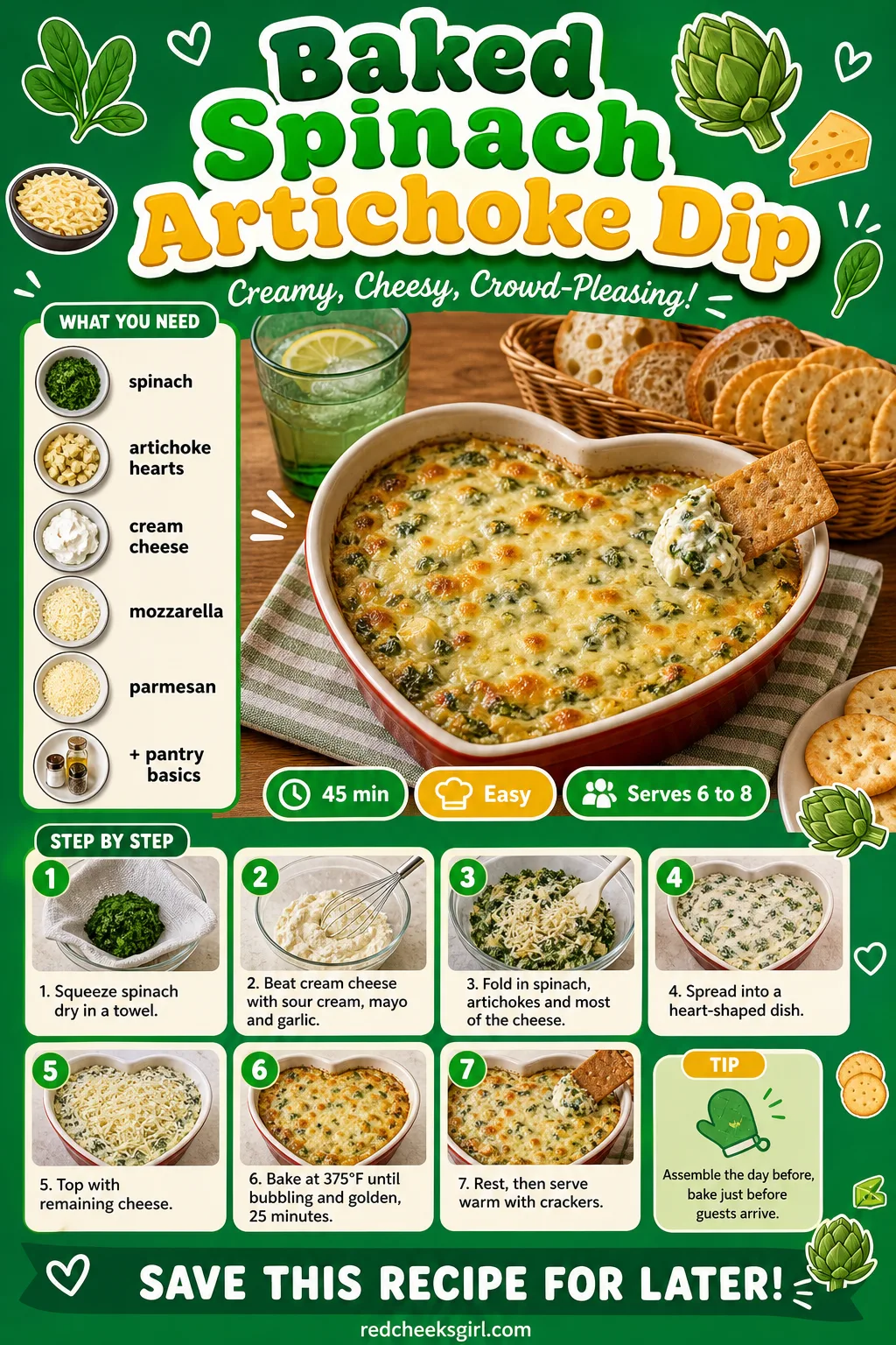 Baked Spinach Artichoke Dip Recipe Card printable sheet — The crowd-pleaser card, good for pinning next to the oven timer. Savory valentines day food