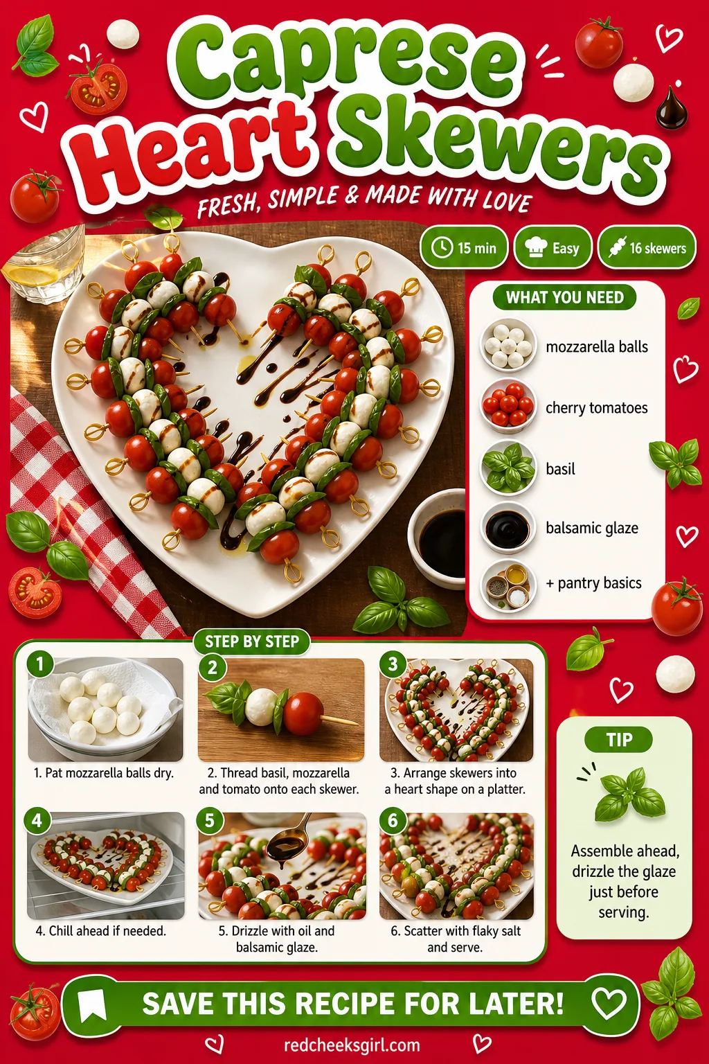 Caprese Heart Skewers Recipe Card printable sheet — No stove needed, just the card and a platter. Savory valentines day food