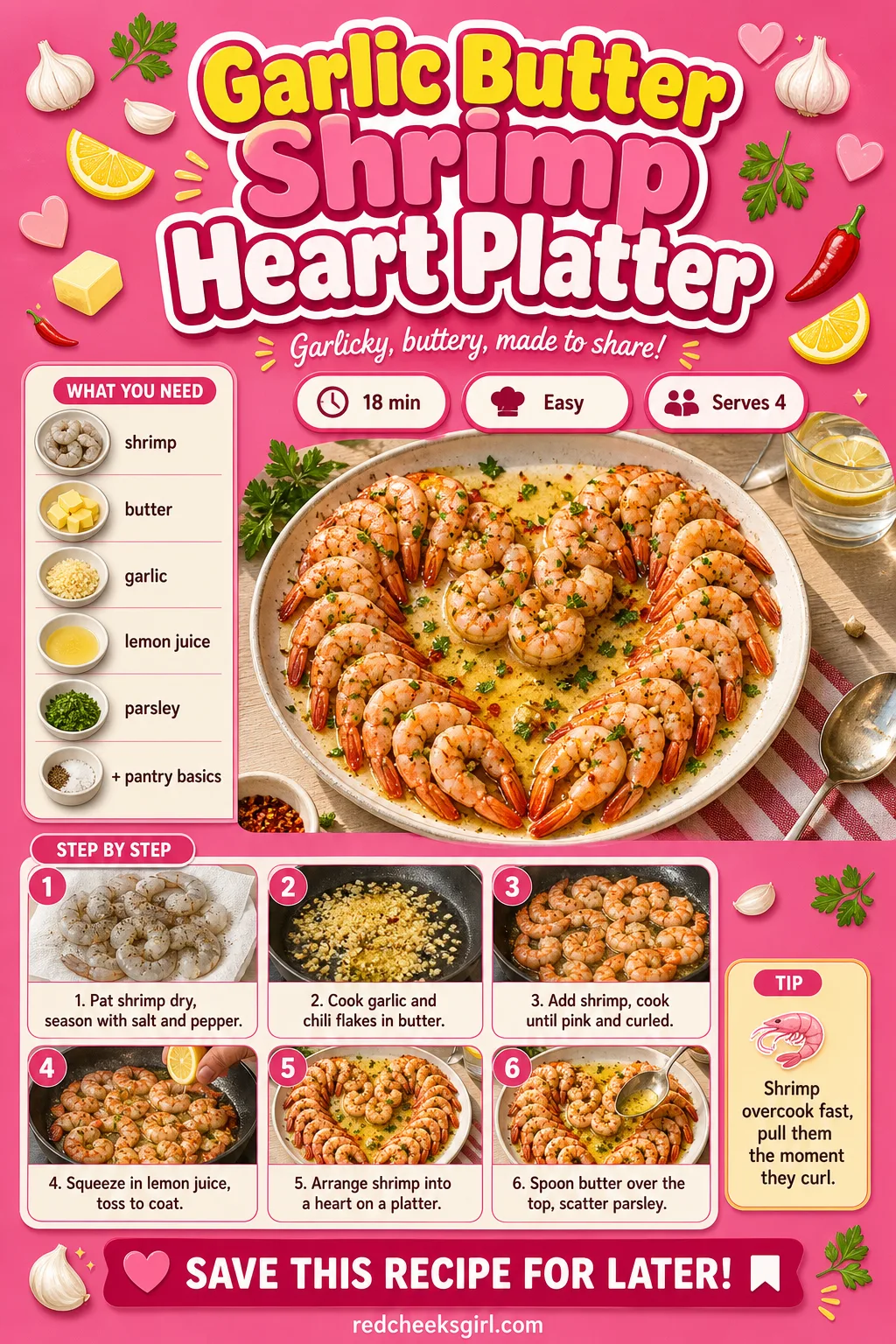 Garlic Butter Shrimp Heart Platter Recipe Card printable sheet — Fast enough to cook to order, keep this one close to the stove. Savory valentines day food