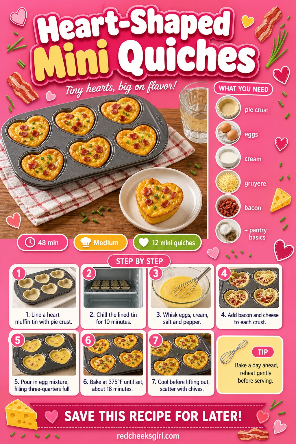Heart-Shaped Mini Quiches Recipe Card printable sheet — Bake-ahead friendly, keep the card near the reheating tray. Savory valentines day food