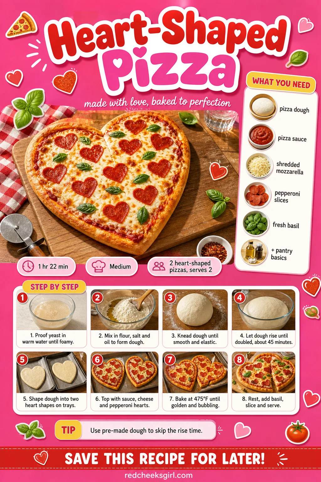 Heart-Shaped Pizza Recipe Card printable sheet — Print and prop this card against the mixer while the dough rises. Savory valentines day food