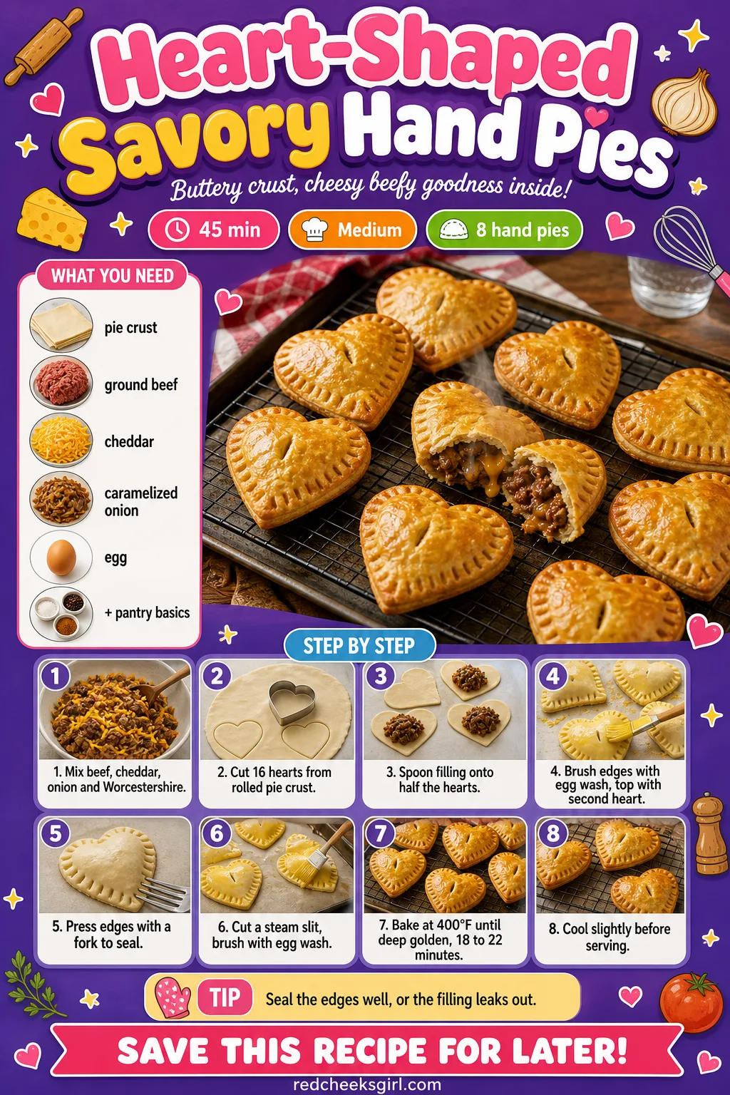 Heart-Shaped Savory Hand Pies Recipe Card printable sheet — The sealing step gets its own line, do not skip it. Savory valentines day food