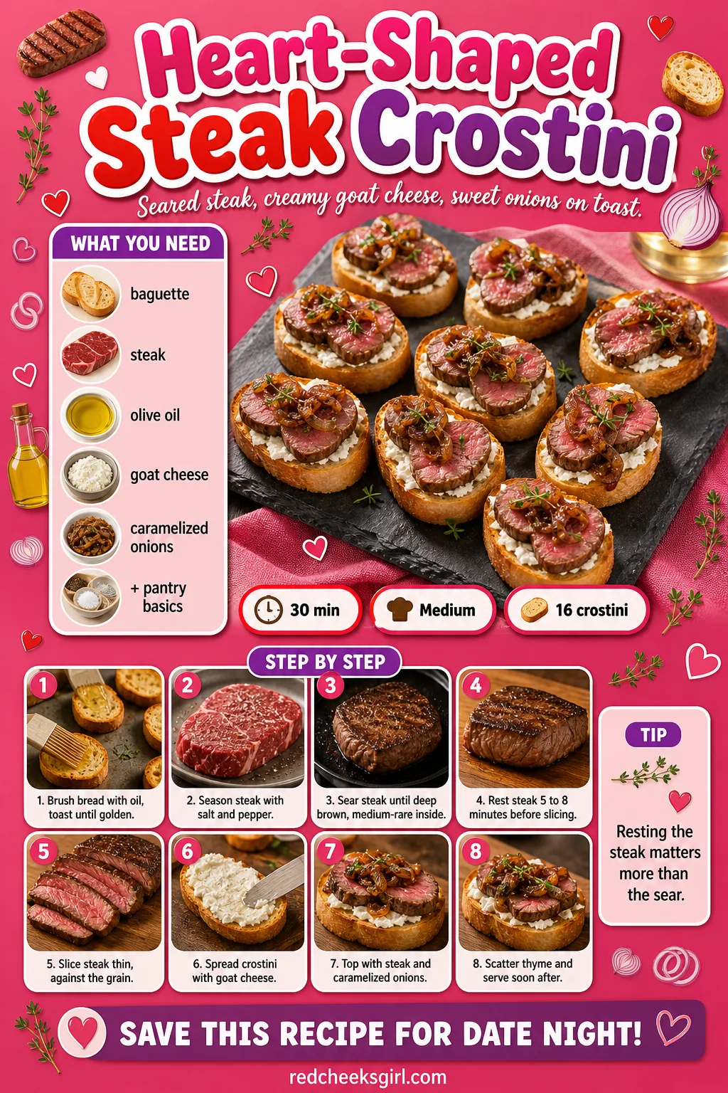Heart-Shaped Steak Crostini Recipe Card printable sheet — The resting time is part of the recipe, this card says so twice. Savory valentines day food