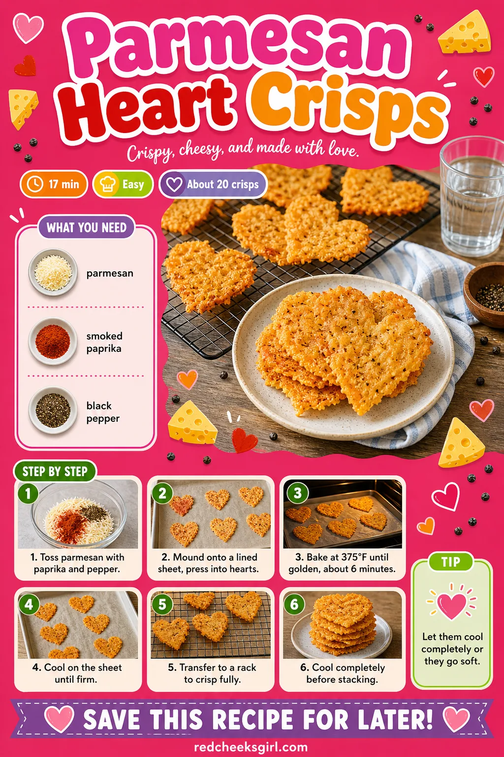 Parmesan Heart Crisps Recipe Card printable sheet — The shortest card on the list, three ingredients, no fuss. Savory valentines day food