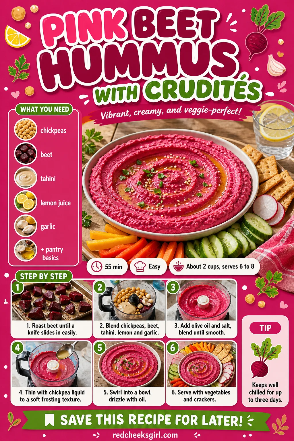 Pink Beet Hummus with Crudités Recipe Card printable sheet — The make-ahead card, good for three days in the fridge. Savory valentines day food