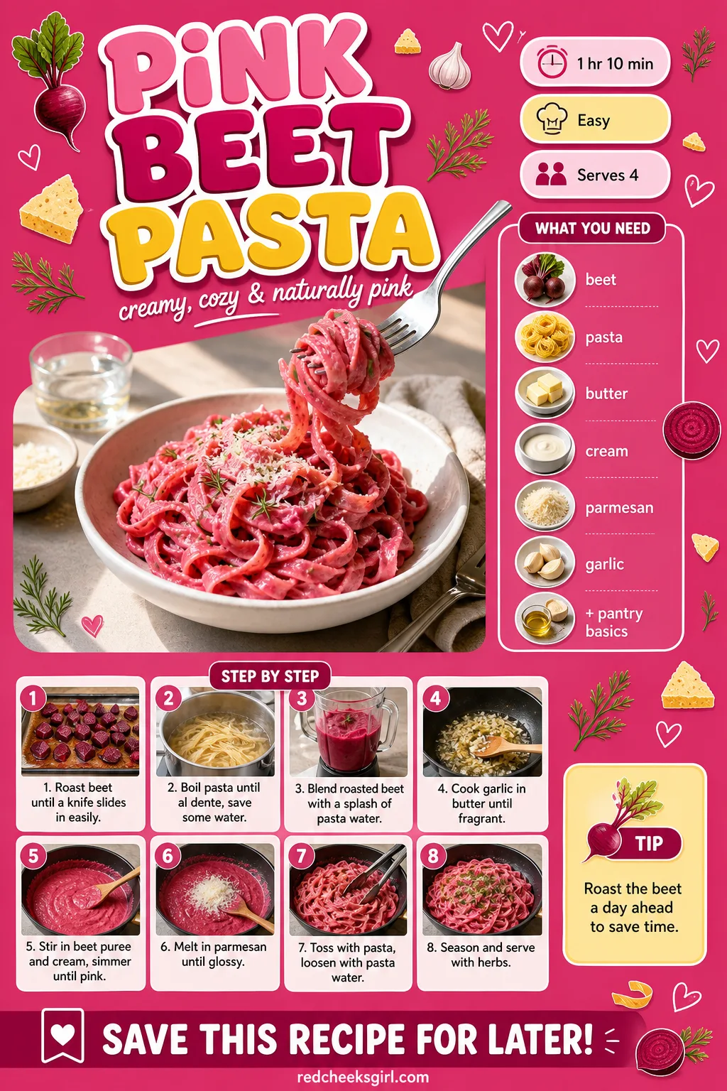 Pink Beet Pasta Recipe Card printable sheet — The reminder card for the pink sauce, no beet-stained notebook required. Savory valentines day food