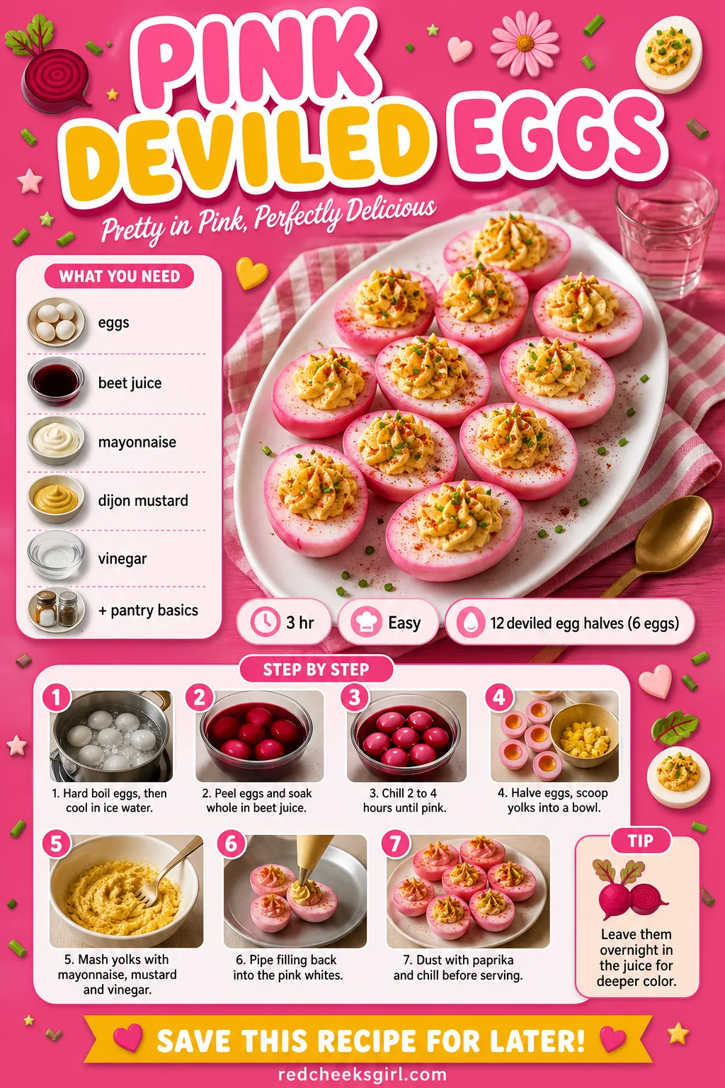 Pink Deviled Eggs Recipe Card printable sheet — Pin this to the fridge the night before, the color needs lead time. Savory valentines day food