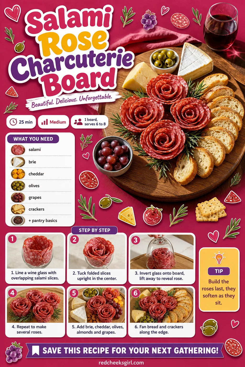 Salami Rose Charcuterie Board Recipe Card printable sheet — Build order matters here, the card walks through it piece by piece. Savory valentines day food