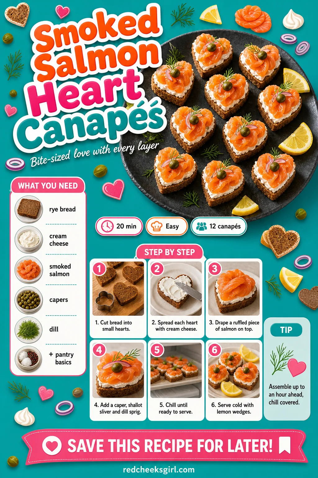 Smoked Salmon Heart Canapés Recipe Card printable sheet — A cold-prep card, good for the hour before guests arrive. Savory valentines day food