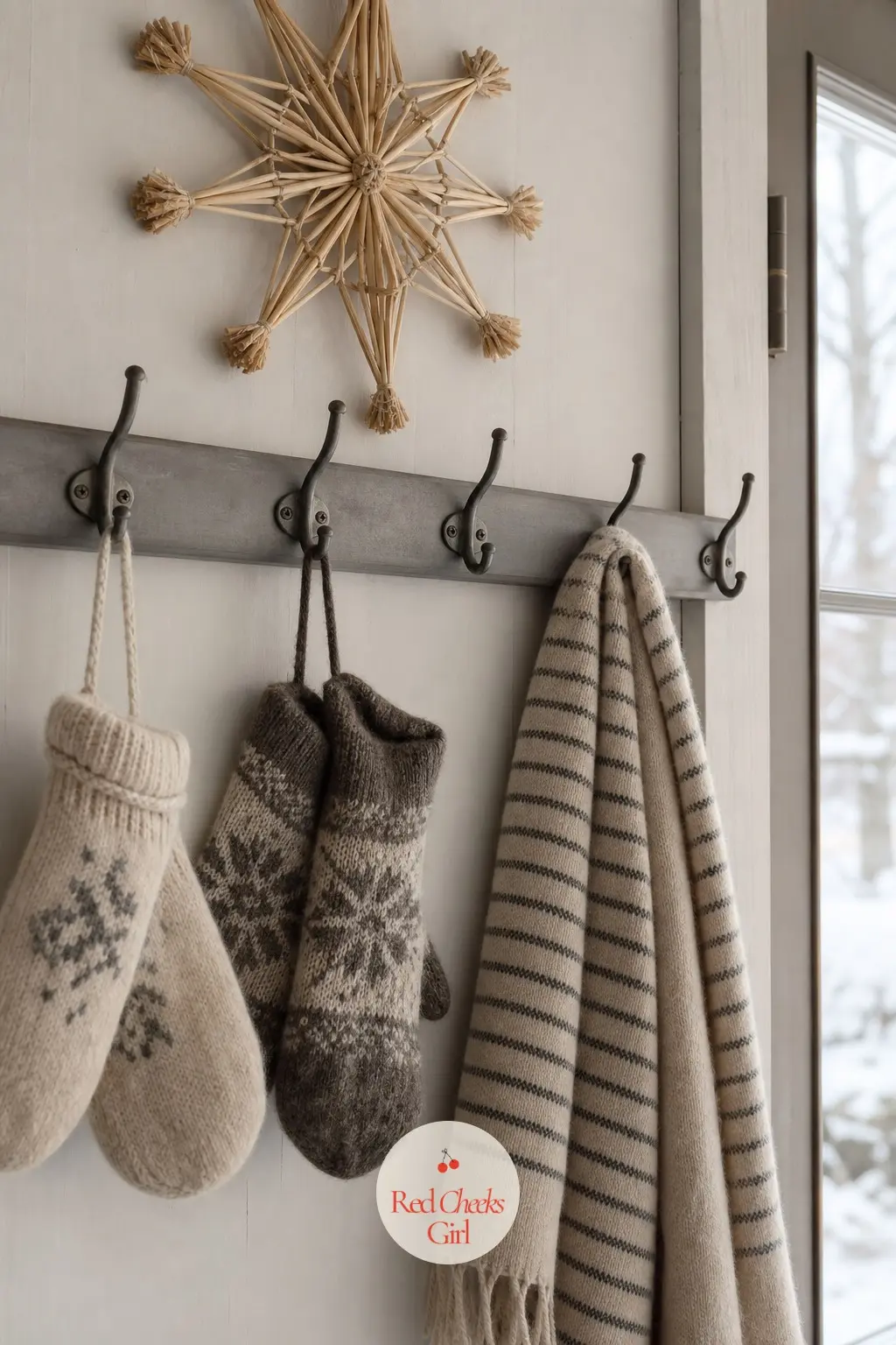 The Boot Room Hooks, Hung with Wool and Straw — A row of plain hooks by the back door carries wool mittens and scarves, with one straw star hung above the row