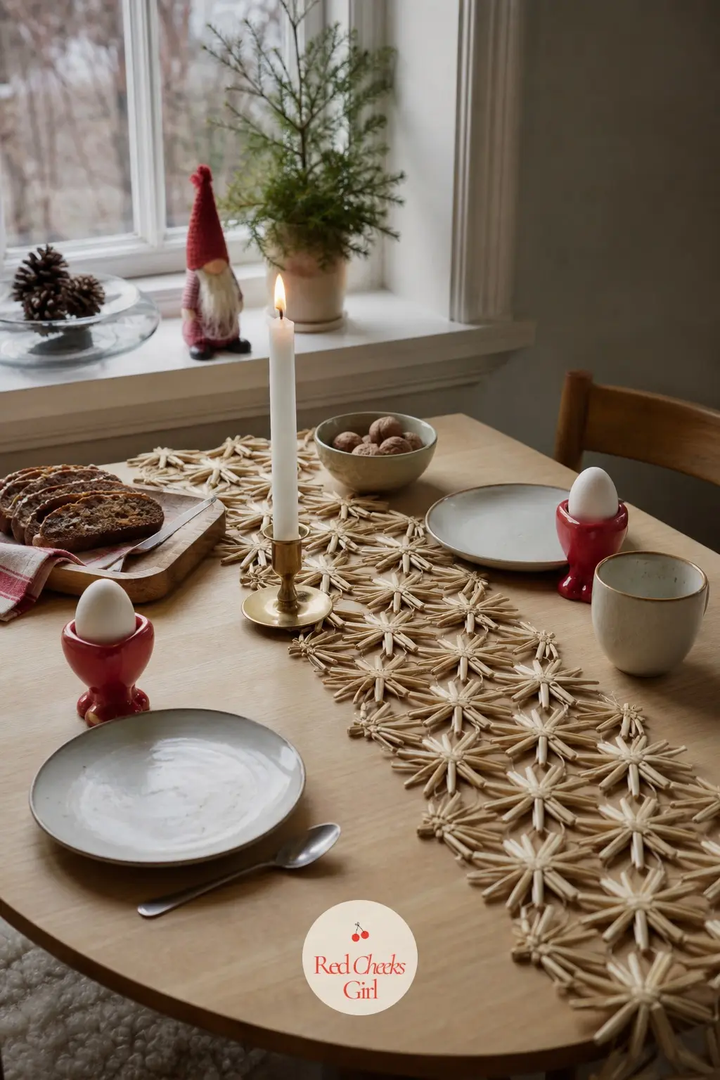 The Breakfast Nook, Dressed for a Slow Morning — A small table by the kitchen window gets a runner of straw stars and a single candle burning even at