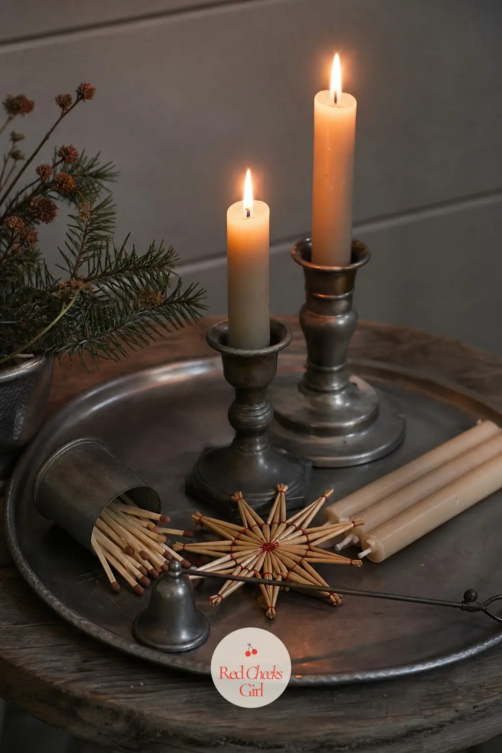 The Candle Tray, Ready for Lighting at Dusk — One pewter tray holds the matches, a candle snuffer, and a stack of spare tapers so lighting up at dusk takes