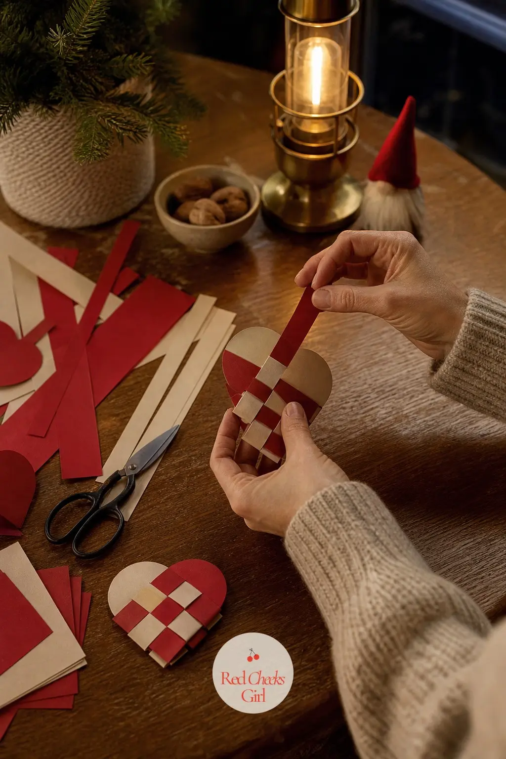 The Craft Table, Set for Cutting Paper Hearts — A small table laid with scissors, red and oatmeal paper, and a half-finished julehjerte heart shows exactly