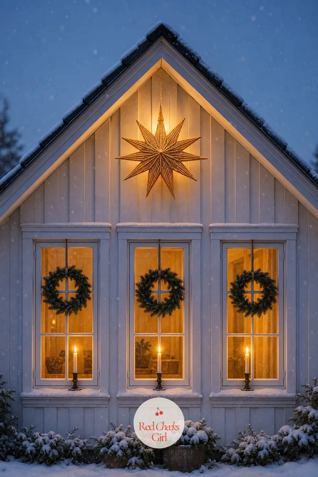 The Facade and Windows, Seen From the Street — The whole facade wears one plain wreath per window, lit by a single warm candle behind the glass rather than a