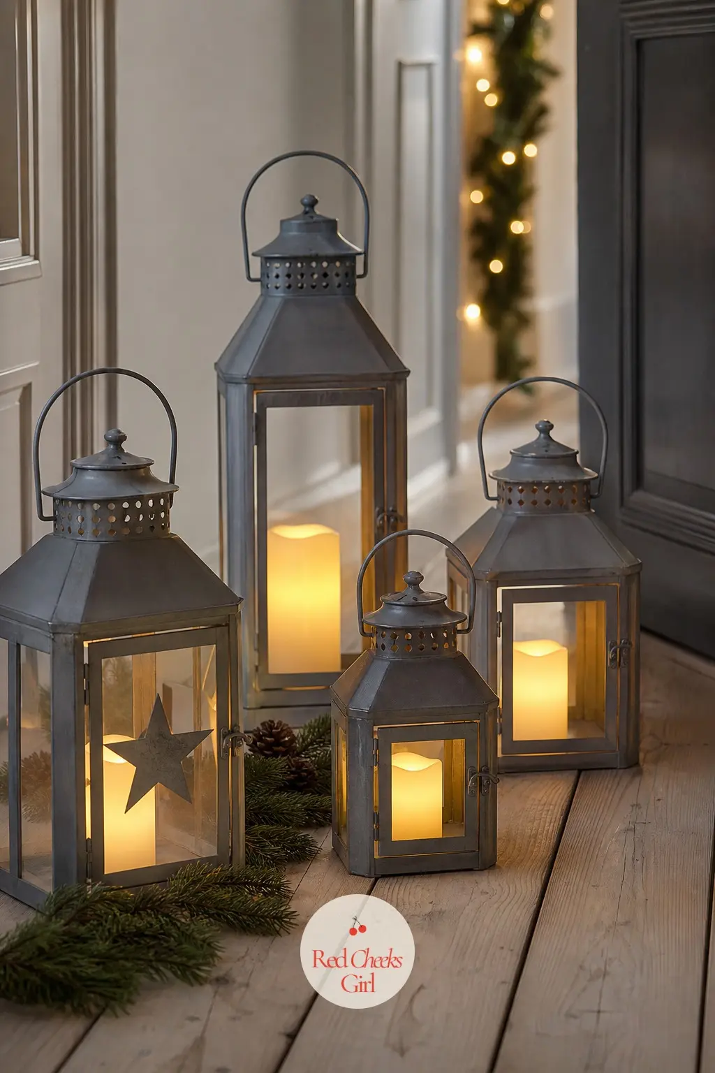The Floor Lanterns, Grouped Low Along the Hall — Rather than one tall lamp, a cluster of low lanterns at different heights sits along the hall floor, each