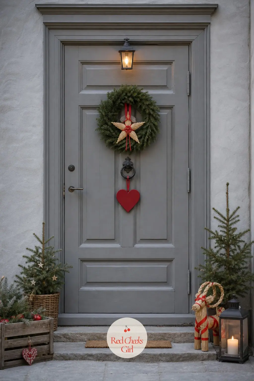 The Front Door, Wreathed in Straw and Red — One wreath, hung plain against a painted door, carries a single straw star tied into the ribbon and one small red