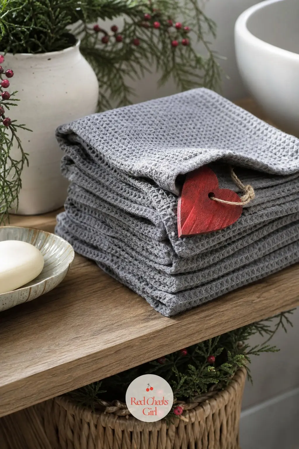 The Guest Towel Stack, Finished in Red and Grey — A folded stack of grey waffle towels on the bathroom shelf gets one red wooden heart tag tucked under the top