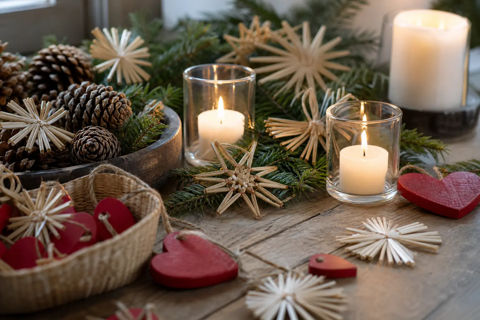 20 Scandinavian Christmas Decor Ideas With Straw Stars, Red Wooden Hearts and Hygge Candlelight