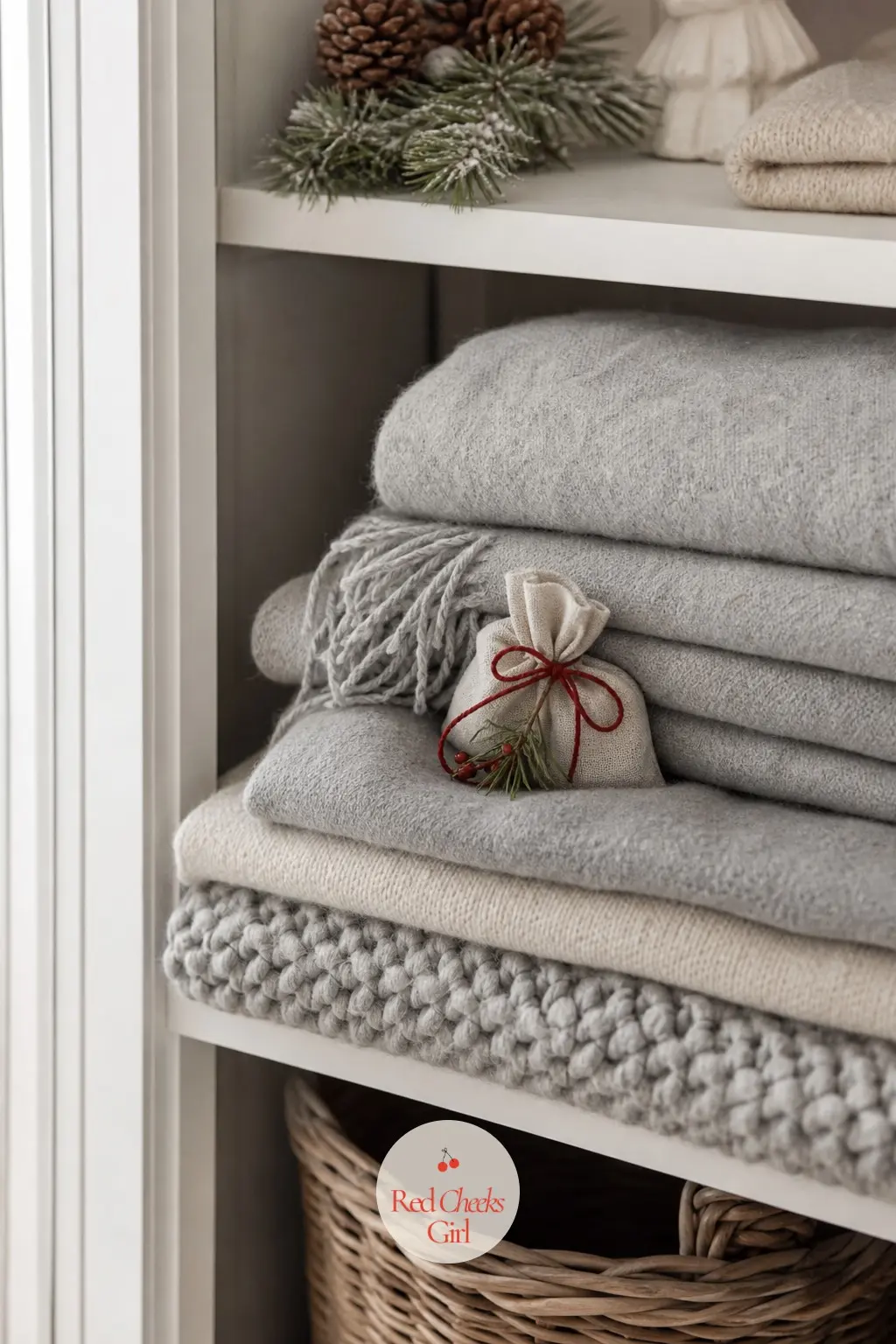 The Linen Cupboard Shelf, Stacked in Grey and Cream — Folded wool blankets in grey and oatmeal sit stacked on an open shelf, a small lavender and straw sachet