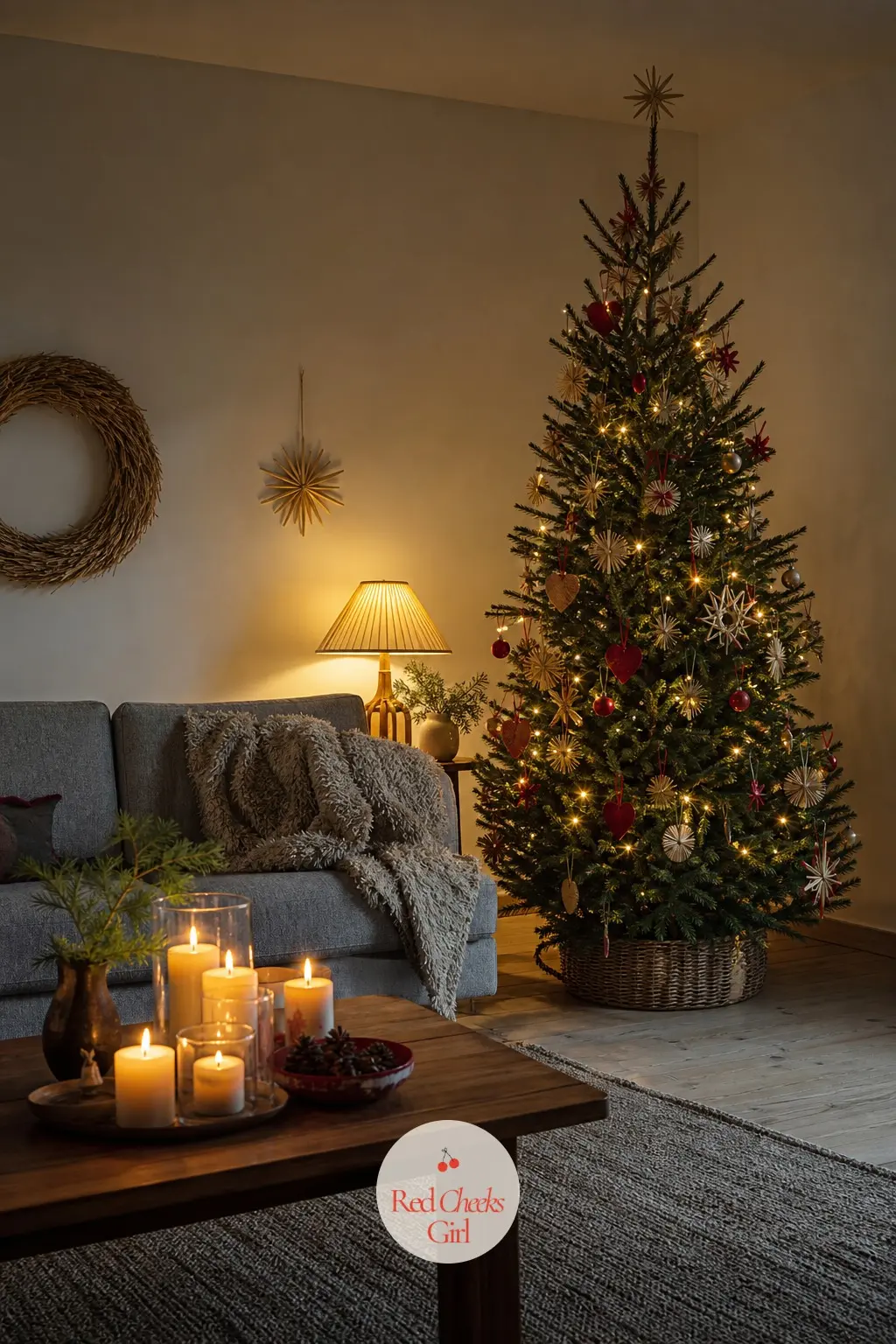 The Living Room, Wide in Candlelight and a Modest Tree — The tree stands sparse here, strung with straw stars and a scatter of small paper and wooden hearts