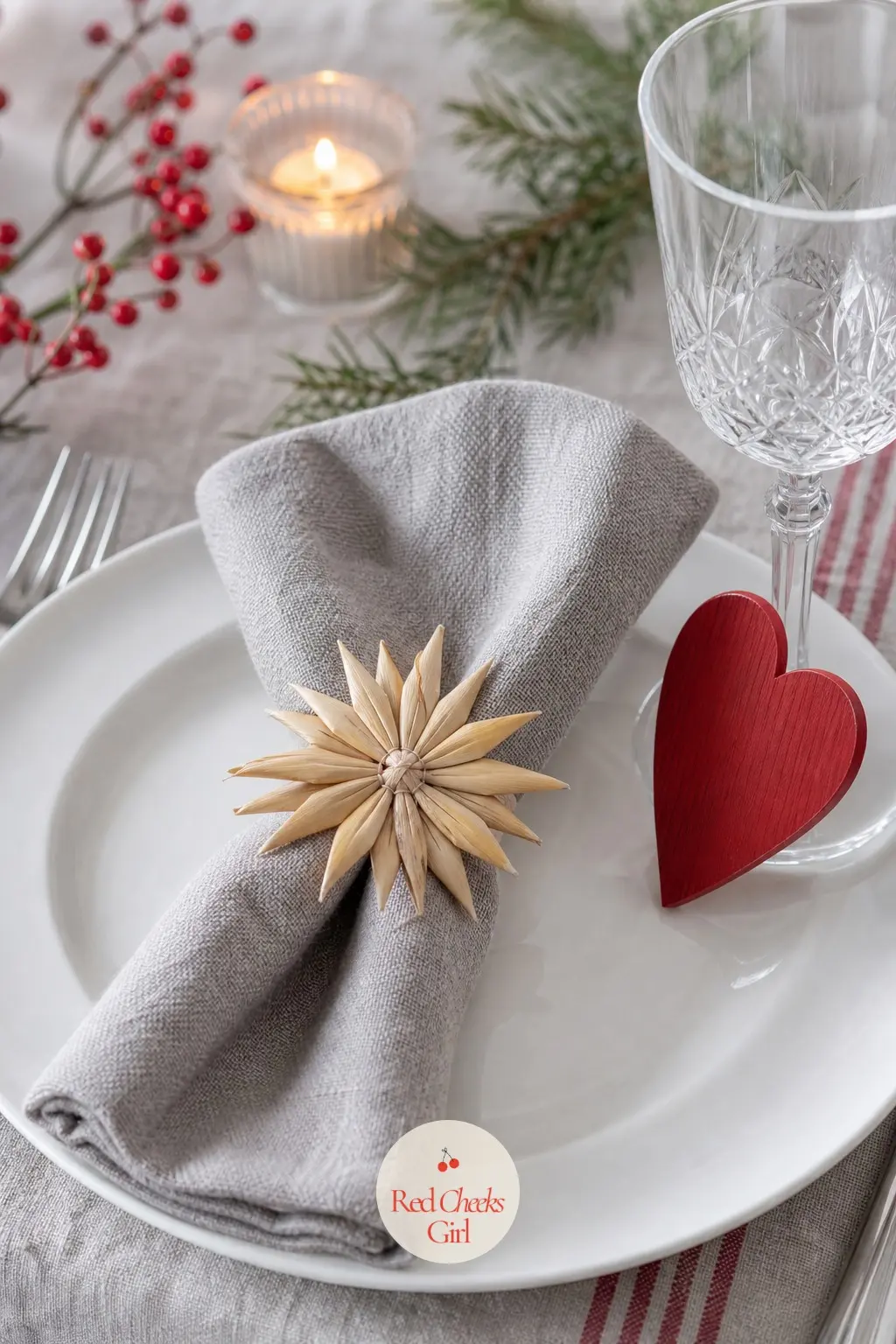 One Place Setting, Set Simply in White and Red — White plate, grey napkin, one small straw star tied into the napkin knot, and a red wooden heart doing the