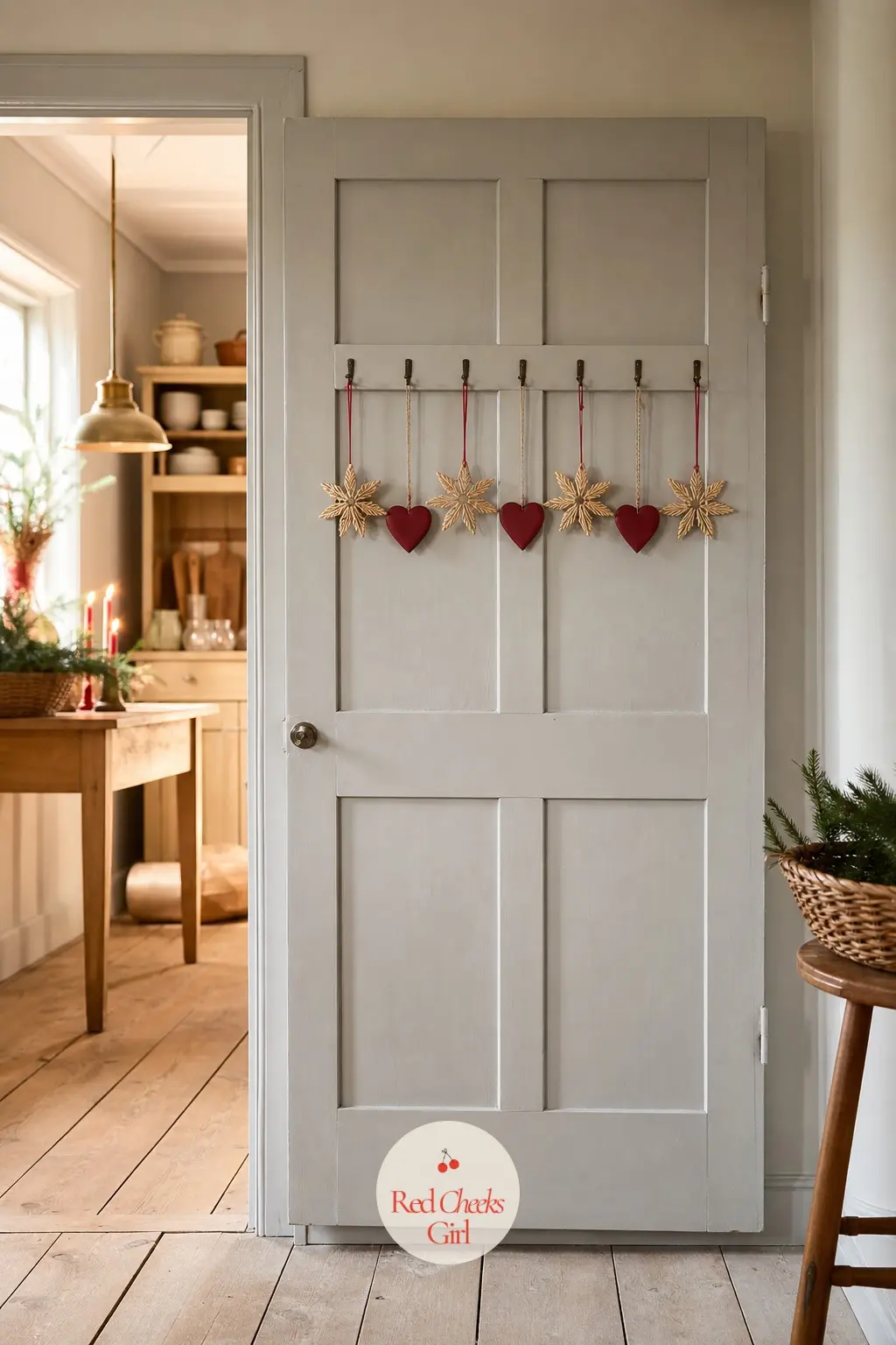 The Pantry Door, Hung with Straw Stars and Wooden Hearts — A row of small hooks on the inside of the pantry door carries straw stars and red wooden hearts in