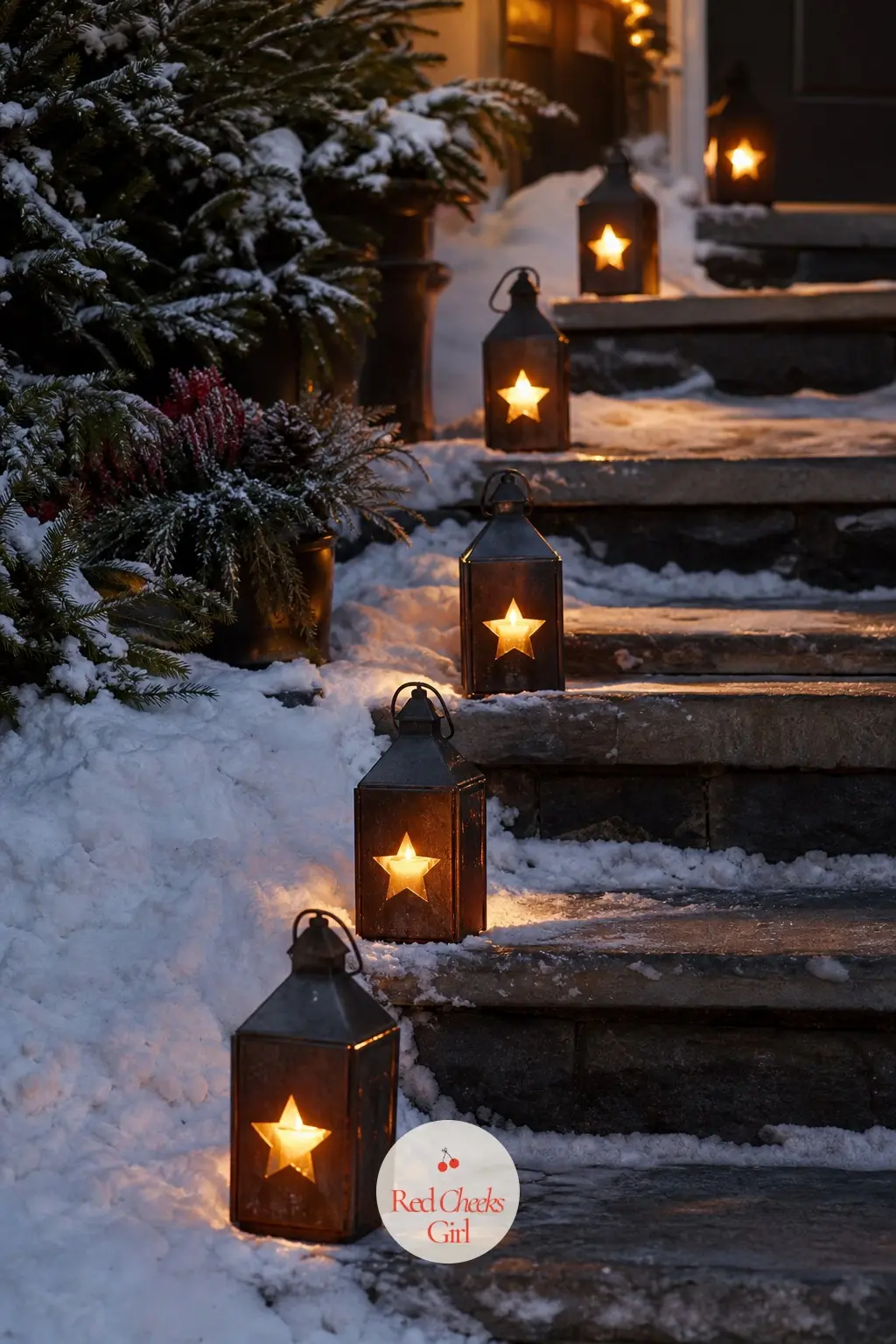 The Path and Steps, Lined in Lantern Light — Low lanterns do the work a string of lights usually gets asked to do, set at even intervals so the path reads as